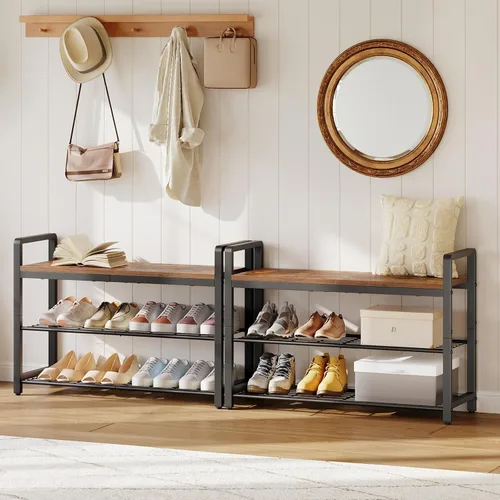 Miniatura 6 de HOOBRO Banco de zapatos para entrada, organizador industrial de almacenamiento de zapatos de 3 niveles con asas superiores y laterales de madera