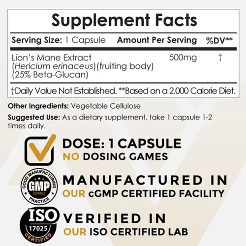 Miniatura 2 de Nootropics Depot Cápsulas de hongos melena de leones 500 mg 180 unidades Hericium erinaceus Extracto de hongos fructíferos Suplemento