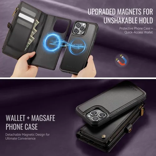 Miniatura 3 de Defencase Funda magnética para iPhone 13 Pro compatible con Magsafe con bloqueo RFID, correa de cremallera y tarjetero para mujer, funda de piel
