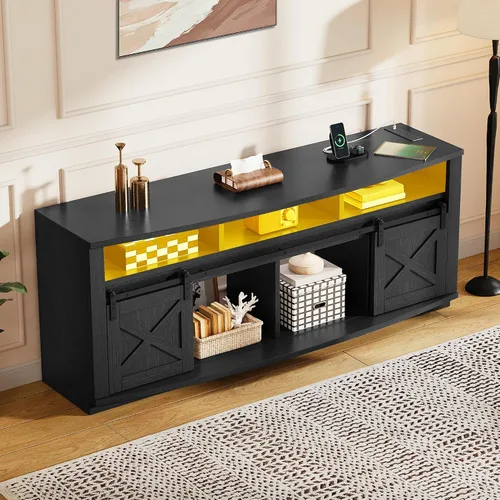 Miniatura 8 de YITAHOME Soporte de TV para TV de 75/80 pulgadas, Centro de Entretenimiento Negro de 70 pulgadas de ancho, Mueble de Medios Mesa de TV con Toma