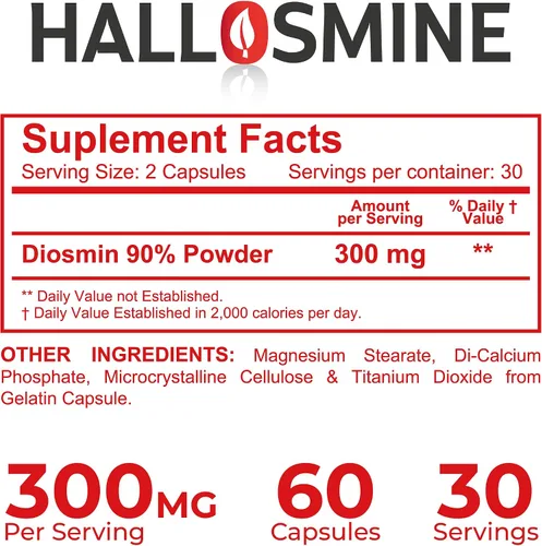 Miniatura 7 de Hallusa Natural Hallosmine Circulation & Vein Support Diosmin 300 mg + crema de piernas gratis, pies hinchados, tobillos y piernas, venas visibles