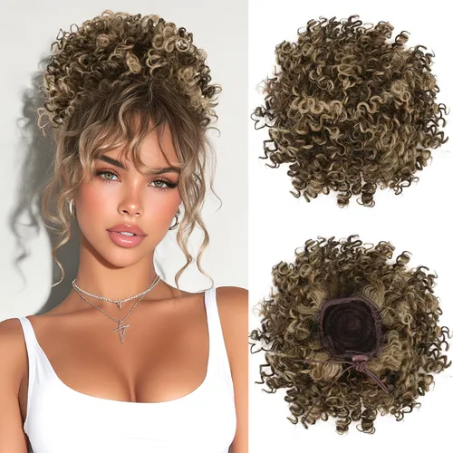 Miniatura 8 de PEACOCO Extensión de Cola de Caballo Corta y Rizada Moño Desordenado con Cordón Elástico Moño de Cabello Suelto para Mujeres con Cabello Delgado
