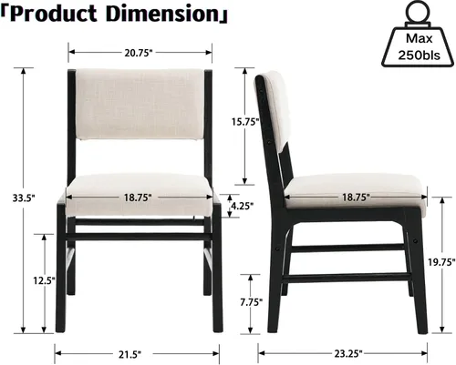 Miniatura 2 de HNY Juego de 2 sillas de comedor de lino beige con marco de madera negra, silla de cocina tapizada de tela moderna con respaldo rectangular, sillas