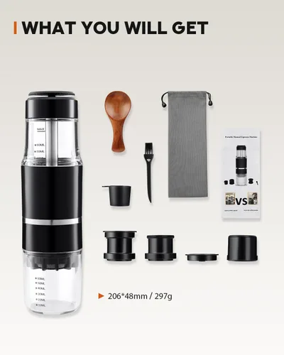Miniatura 6 de Cafetera portátil para viajes y campamento, máquinas de café ligeras de viaje, operadas manualmente, compatible con café molido y cápsulas NS negro