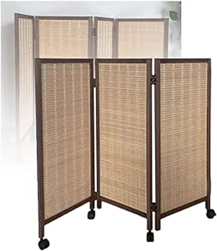 Room Dividers Panels,3/4/5/6/7/8 Panel Short Room Partition,Movable Privacy Screen with Pulleys,Folding Bamboo Woven Light-Shielding Decorative