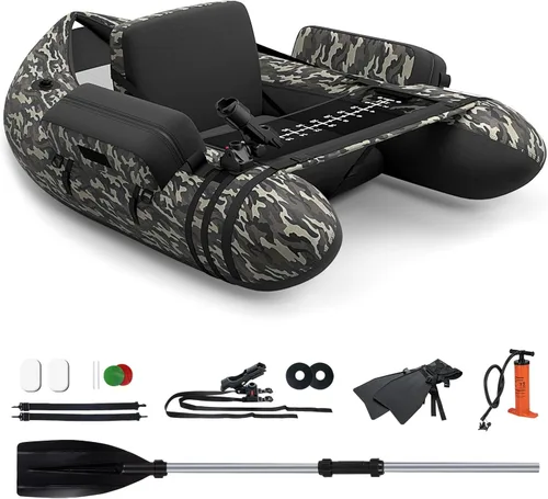 Miniatura 10 de GYMAX Tubo flotador de pesca, barco de pesca inflable de 350 libras con paleta, bomba, aletas, estatores de anzuelos, regla de pescado, bolsillos