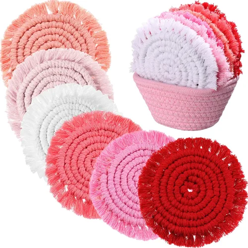 Miniatura 13 de Juego de 6 posavasos de algodón tejido bohemio absorbente con soporte para casa de campo, borla de macramé, regalo de inauguración de la casa
