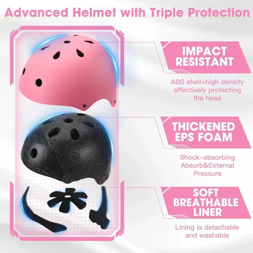 Miniatura 2 de Conjunto de casco de bicicleta para niños pequeños con rodilleras, casco de ciclismo ajustable para niño y niña, equipo de protección Rosa