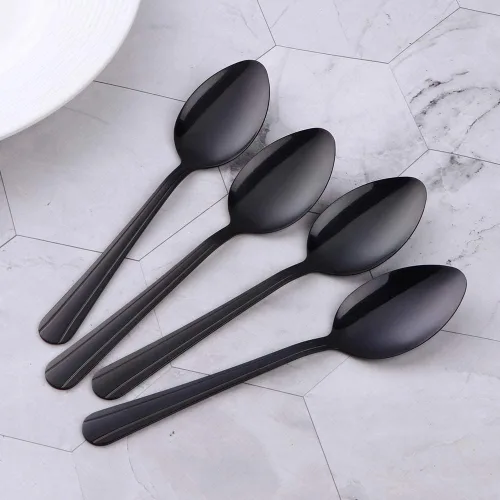 Miniatura 4 de MINGYU Juego de 12 cucharas de acero inoxidable, elegantes cucharas de sopa negras, cucharas de mesa de 7 pulgadas, cucharas de titanio