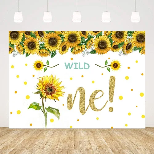 Fondo de 7 x 5 pies, diseño de girasol dorado con diseño de girasol, decoración de fiesta de 1er cumpleaños, decoración de fiesta de un año,