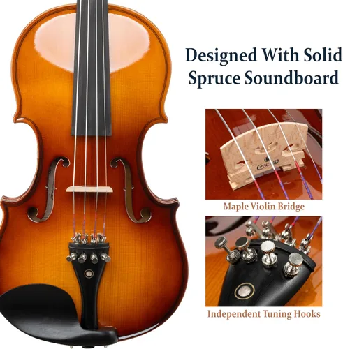 Miniatura 3 de Cecilio 1/2 Violín de madera maciza con estuche rígido, arco, colofonia, afinador, soporte para los hombros y libro de lecciones – Ideal