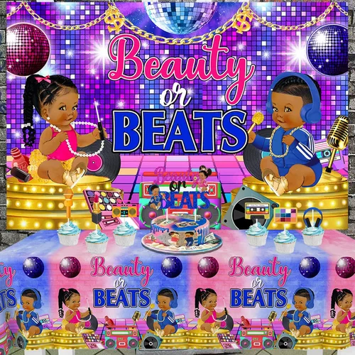 Miniatura 3 de Beauty or Beats - Decoraciones de revelación de género - Mantel de revelación de género de hip hop, decoraciones de mesa para él o ella de los años