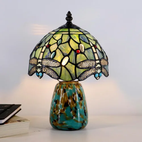 Miniatura 3 de Lámpara de mesa de hongo Tiffany estilo libélula lámpara de acento de vidrio teñido azul marino base de vidrio marrón azul 8X8X12 pulgadas