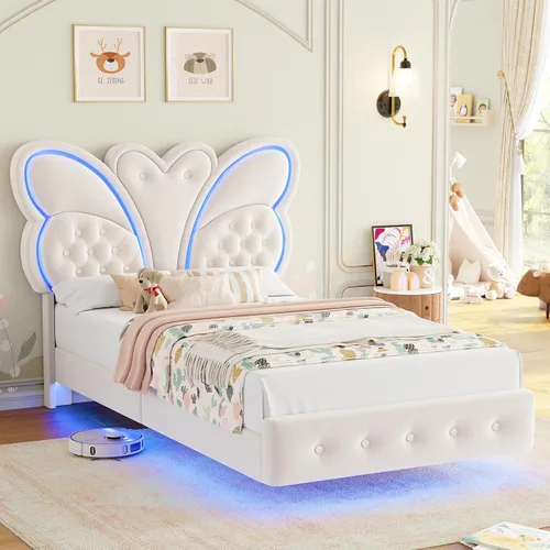 Miniatura 9 de Keyluv Base de cama Queen con cabecera tapizada con patrón de mariposa, moderna cama flotante con luces LED, botón copetudo en cabecero y estribo