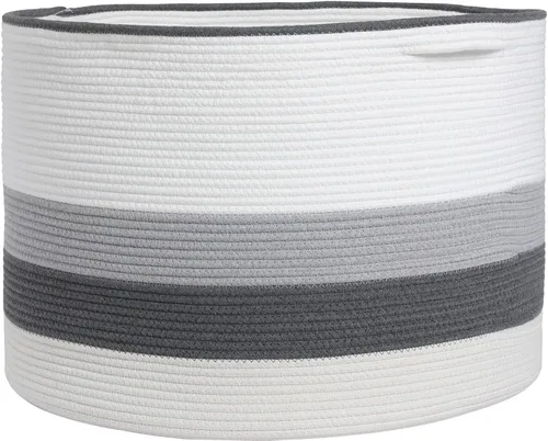 Miniatura 13 de Cesta grande de cuerda de algodón de tamaño máximo de 24 x 24 x 17 pulgadas, cesta de almacenamiento extragrande, cesta de lavandería tejida, Gris