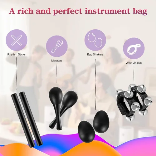 Miniatura 3 de Juego de 10 instrumentos de percusión, pandereta de media luna, palos de ritmo de madera, pandereta de campanas, campanas, muñequeras, cocteleras