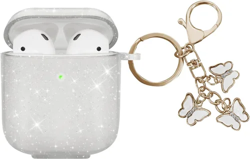 Funda compatible con AirPods, funda de TPU suave para AirPods de 2 y 1 generación con bonito llavero de mariposa para niñas y mujeres (transparente