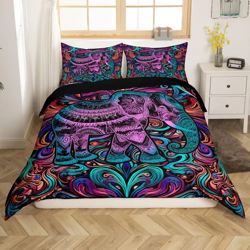 Miniatura 31 de Erosebridal Juego de ropa de cama bohemio con sol y luna, funda de edredón hippie de 3 piezas, colorida funda de edredón teñida anudada, funda