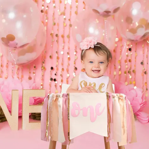 Miniatura 5 de Cartel para silla alta de primer cumpleaños con tema rosa para niña, decoración bohemia para el primer cumpleaños con diseño de pastel (PINK ONE HF)