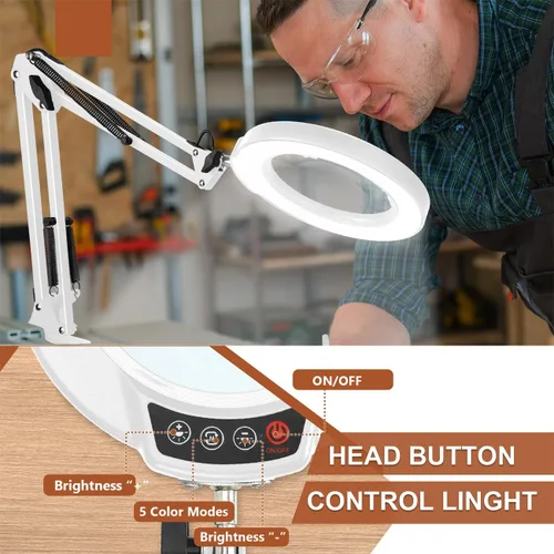 Miniatura 4 de LANCOSC 10X Lupa con luz y soporte, lámpara de pie oscilante ajustable 3-en-1, 5 modos de color, atenuación sin escalones, lupa manos libres con luz