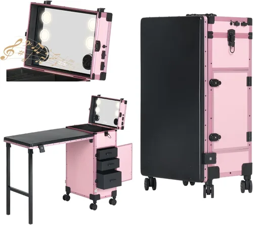 Miniatura 10 de Mesa de manicura portátil rodante con 3 cajones, estuche de maquillaje con cerradura con espejo y organizador de esmalte de uñas, escritorio de uñas