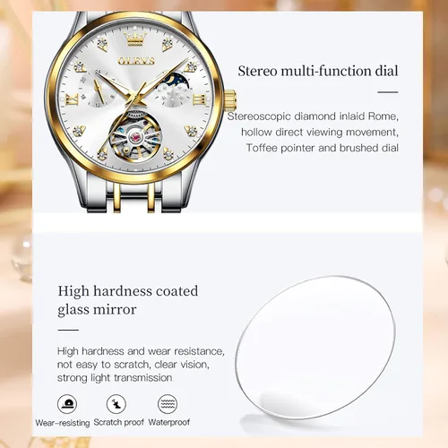 Miniatura 9 de OLEVS Reloj de mujer con esqueleto hueco y fase lunar de acero inoxidable, impermeable, dos tonos