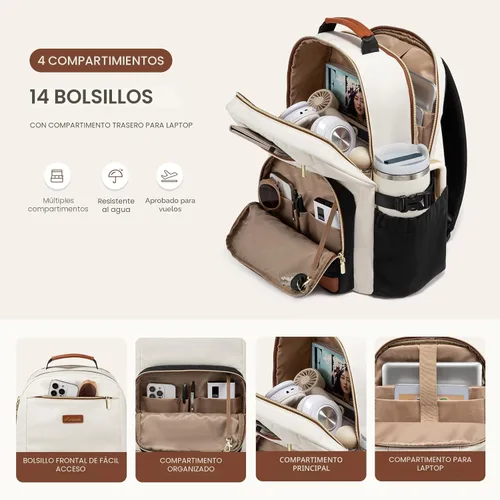 Miniatura 3 de LOVEVOOK Mochila para laptop para mujer, 15,6 pulg. Beige - Negro - Castaño