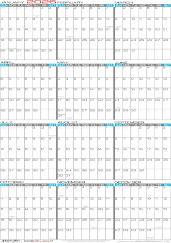 JJH Planners - Laminado - Calendario de pared borrable mediano de 24 x 17 pulgadas - Agenda anual anual vertical de 12 meses (26 V-24 x 17)