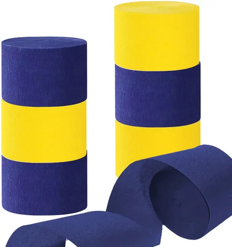 GAKA Serpentinas de papel crepé azul marino amarillo de 1.8 pulgadas de ancho, 82 pies por rollo, 6 rollos de 2 colores para varios cumpleaños,