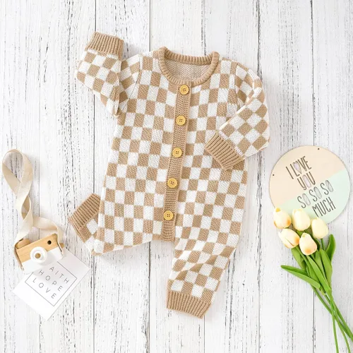 Miniatura 4 de Mameluco de punto unisex para bebé, niña, niño, overol de punto a cuadros, de una pieza, suéter con botones