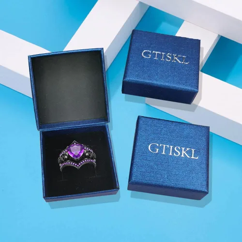 Miniatura 5 de Juego de anillos de compromiso góticos con diseño de calavera y rosa negra con forma de corazón, cristal de circón en forma de corazón, boda