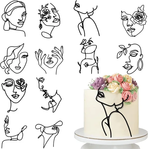 12 piezas de acrílico para tartas de dama, arte minimalista, decoración de pastel de feliz cumpleaños, decoración de pastel de boda para boda, Negro