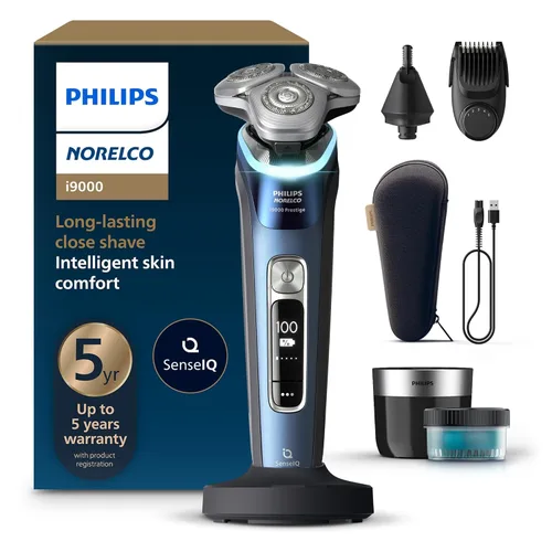 Philips Norelco Shaver i9000 Prestige, afeitadora eléctrica húmeda y seca, Mystic Aqua, tecnología SenseIQ, sistema Triple Lift & Cut, cuchillas