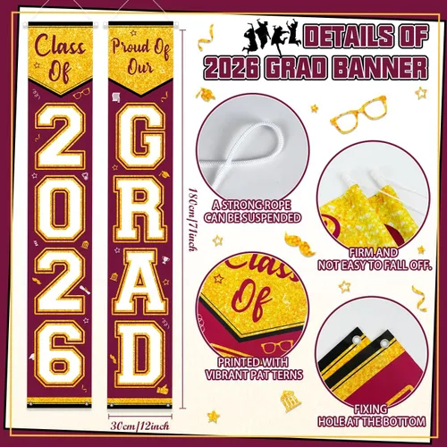 Miniatura 2 de Letrero de graduación granate y dorado para porche, decoración de graduación de Calss of 2026, 3 unidades, pancarta de graduación Cartel
