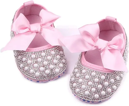 Miniatura 4 de Zapatos planos Mary Jane para bebés y niñas, con lazo brillante y diamantes de princesa, zapatos antideslizantes para cuna