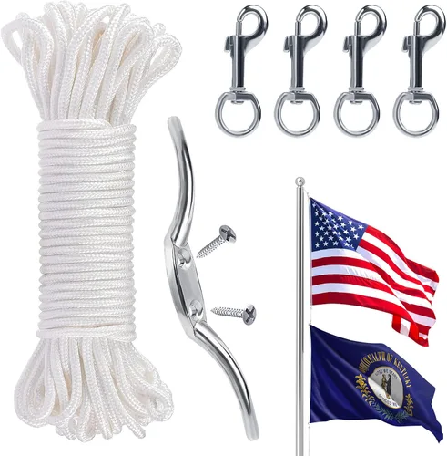 Miniatura 9 de Kit de cuerda y clips de bandera, 50 pies con gancho para tacos y 4 clips giratorios a presión para asta de bandera de hasta 25 pies, accesorios
