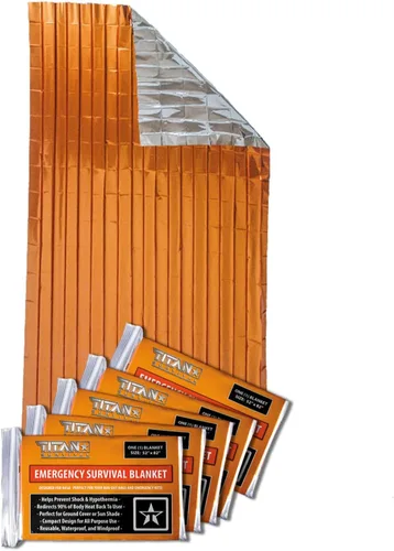 Miniatura 10 de TITAN Survival Mantas de supervivencia de Mylar prémium (paquete de 5) manta térmica de supervivencia de emergencia para campamento, caza, Camuflaje