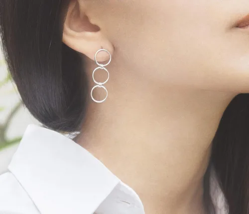 Miniatura 2 de Handmade Sterling Silver 925 Triple Open Circle Link Dangle Stud Post Earrings, Light Weight Three Ring Geometric Design, Polished finish