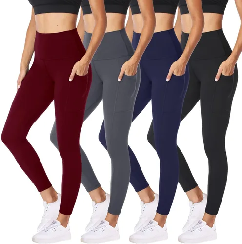 NexiEpoch - Paquete de 4 leggings suaves para mujer, con bolsillos, control de abdomen y cintura alta, pantalones capri para yoga y ejercicio, color