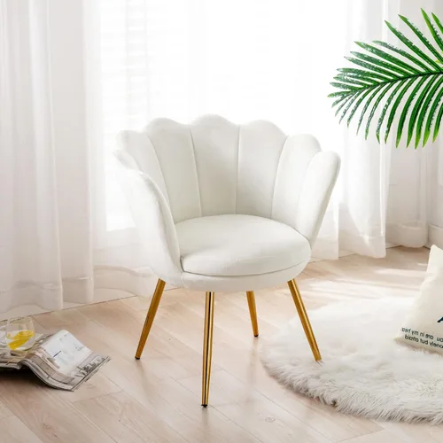 Miniatura 7 de chairus Silla de tocador de maquillaje blanca crema con respaldo, pequeña silla moderna tapizada de terciopelo con patas de metal dorado, bonita
