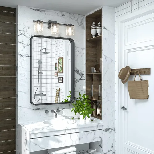 Miniatura 2 de TokeShimi - Espejo rectangular de tocador para pared, con marco de metal y esquinas redondeadas, decoración del hogar, baño, sala de estar y Negro
