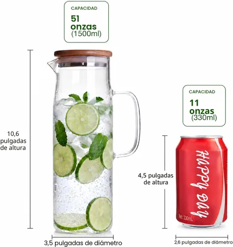 Miniatura 4 de hjn Jarra de vidrio con tapa, jarra de agua de vidrio con asa, jarra de agua para refrigerador, bebidas frías o calientes, té helado, leche, jugo