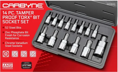 Miniatura 2 de CARBYNE Juego de dados Torx a prueba de manipulaciones de 14 piezas, Torx de seguridad TT8 a TT60, brocas de acero S2, enchufes CrV, 1/4 pulgadas.