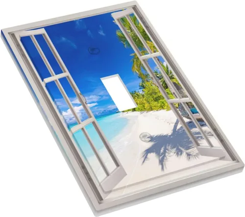 Miniatura 3 de Vista de ventana, isla tropical, playa, palmeras, cielo soleado, cubierta de interruptor de luz de palanca individual, placa decorativa de pared