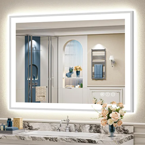 Miniatura 45 de 24x30 Espejo de baño LED con marco negro con luces, retroiluminado + iluminación frontal, espejo de tocador iluminado antivaho para pared de baño