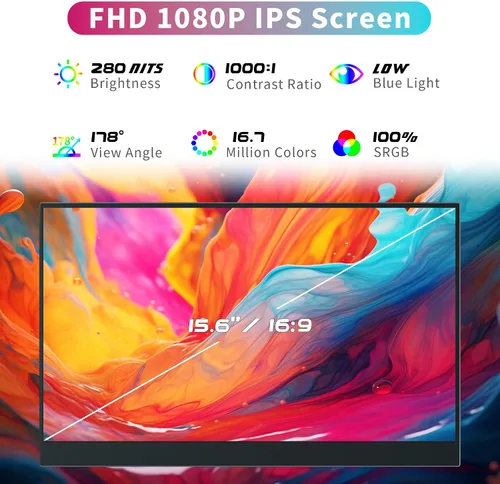 Miniatura 2 de Monitor portátil para laptop, 15.6 pulgadas 1080P FHD monitor portátil segunda pantalla extensor con USB C HDMI cubierta altavoz para computadora