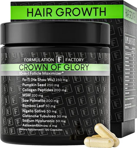 Formulation Factory Crown of Glory Maximizador de Crecimiento Capilar 10 en 1, Bloqueador de DHT con Saw Palmetto, Fo-Ti, Colágeno, Favorece un