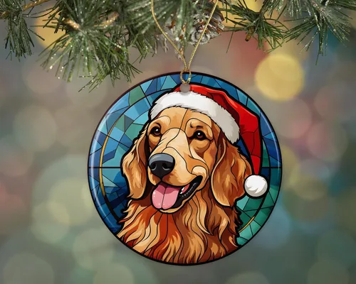 Golden Retriever - Adorno de cerámica de vitral de Navidad, adorno colgante para árbol de Navidad, adorno de vitral de perro, adorno religioso para