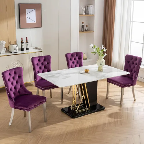 Miniatura 4 de Juego de 2 sillas de comedor de terciopelo, sillas de comedor copetudas de mediados de siglo con anillo trasero de cabeza de clavo, patas de metal
