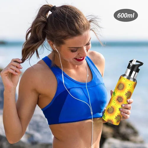 Miniatura 6 de Insulated Water Bottle 20 Oz, Leakproof Water Bottles for Gym Outdoor Travel School, Vibrant Sunflowers Bright Yellow